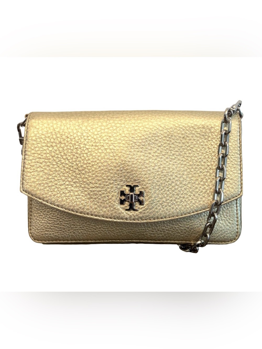 Tory Burch Gold Pebbled Leather With Silver Chain Wallet Crossbody Shoulder Bag - Picture 3 of 16